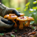 Mains en gants de jardinage examinant des champignons sauvages dans la forêt