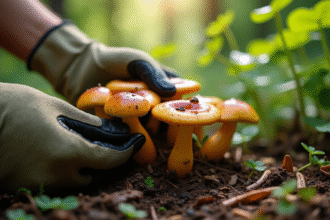 Mains en gants de jardinage examinant des champignons sauvages dans la forêt