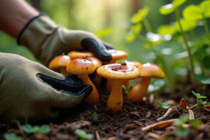 Mains en gants de jardinage examinant des champignons sauvages dans la forêt