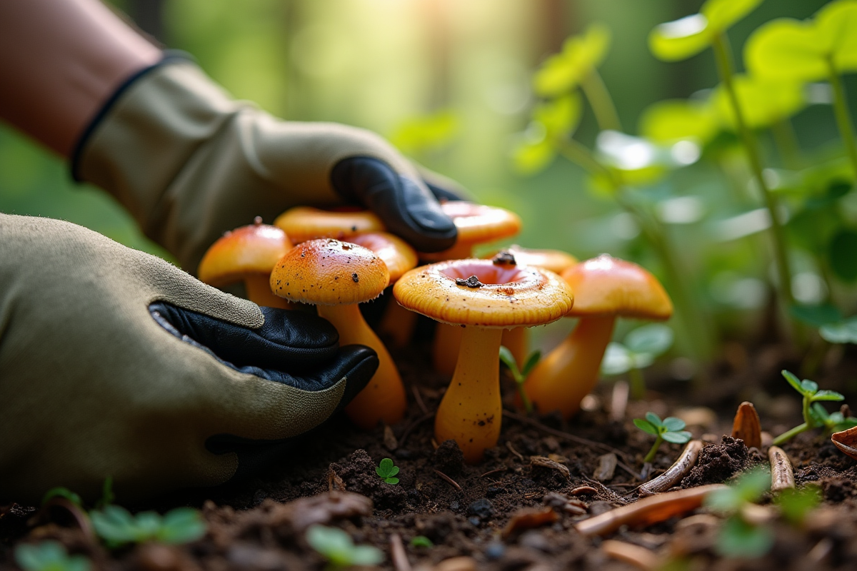 Mains en gants de jardinage examinant des champignons sauvages dans la forêt