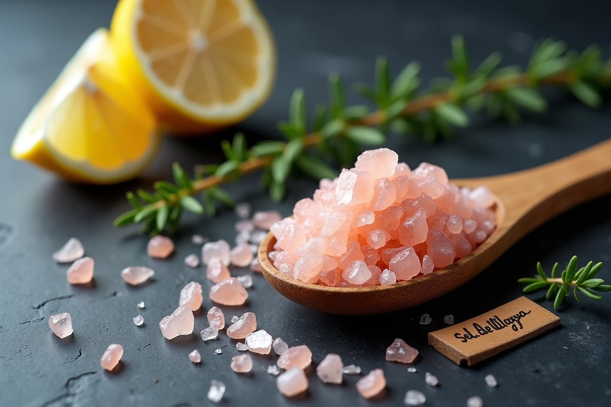 Cuillère en bois remplie de sel rose de l'Himalaya au-dessus d'une ardoise avec citron et thym frais, illustration culinaire des propriétés et effets sur la tension artérielle