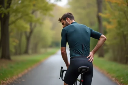 Cycliste homme d'âge moyen en tenue de sport près de son vélo
