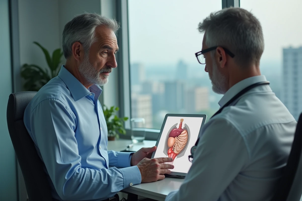 Homme et médecin discutant d un diagramme sur une tablette