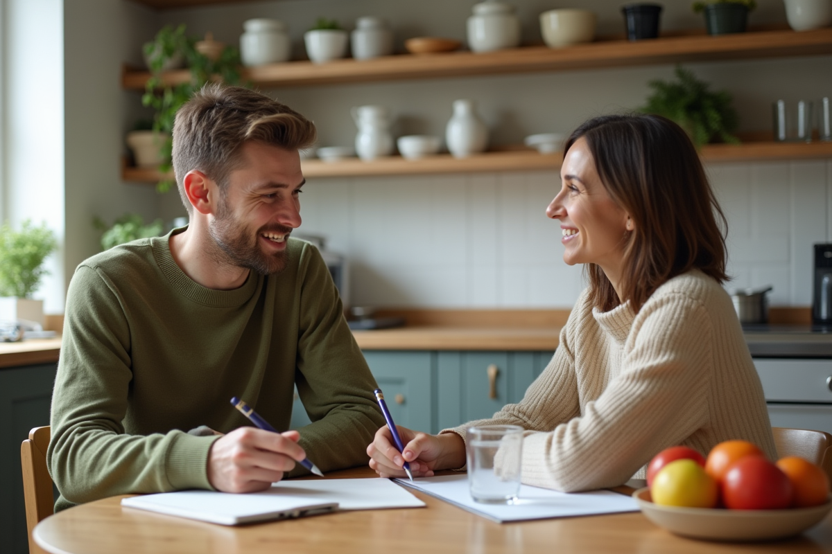 Jeune homme et dieteticien dans une cuisine lumineuse