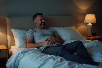 Homme adulte allongé dans son lit la nuit, tenant son aine droite avec une expression de douleur, illustrant les réveils nocturnes douloureux