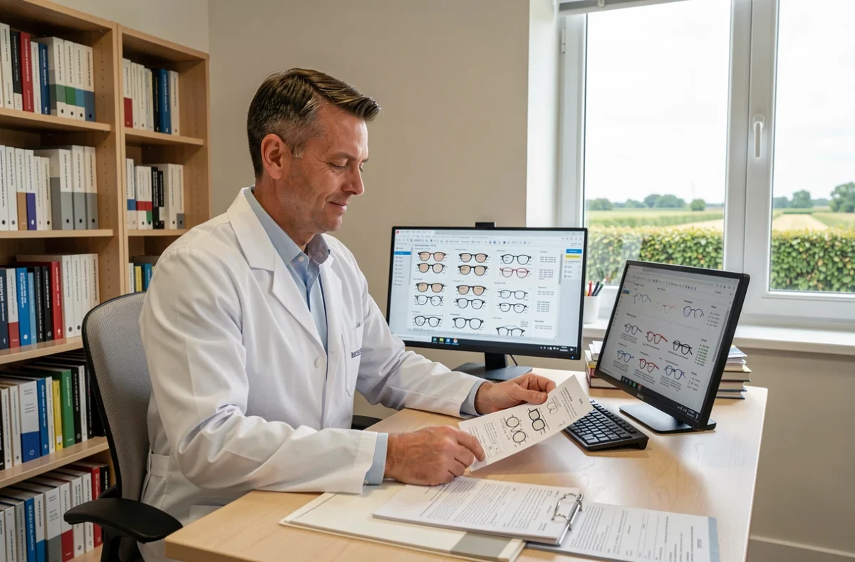 Le Dr Leroy Bertrand consultant des prescriptions optiques dans son cabinet ophtalmologique en Vendée rurale