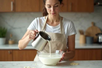 Femme versant l'eau de cuisson du riz dans un bol en verre dans une cuisine moderne