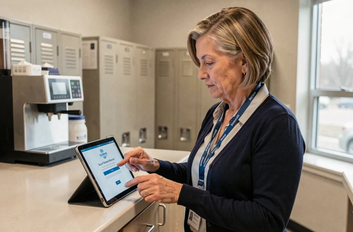Employée senior du CHU Montpellier consultant une tablette dans la salle de pause pour finaliser la réinitialisation de son mot de passe messagerie