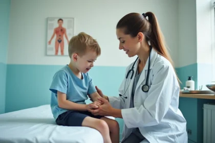 Enfant assis sur une table d'examen pédiatrique pendant une consultation médicale pour analyse sanguine