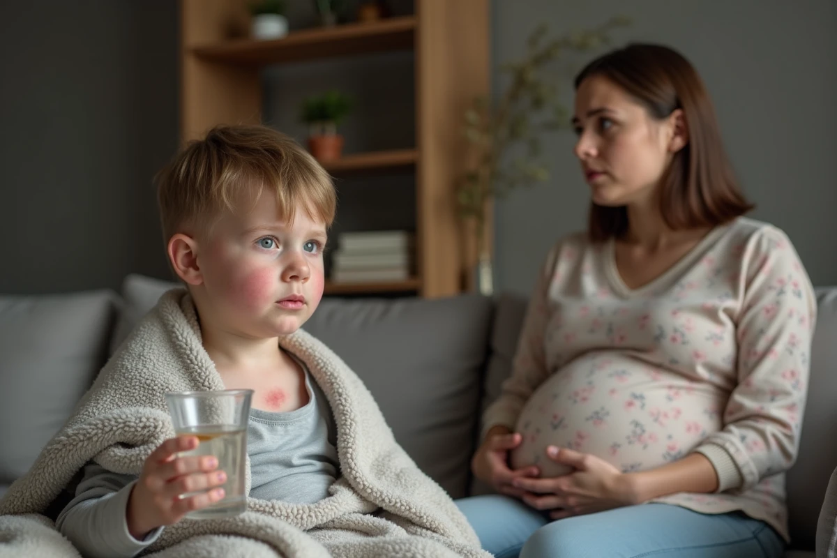 Enfant malade avec signes de scarlatine sur le canapé et femme enceinte gardant ses distances