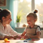 Jeune enfant avec thérapeute en salle lumineuse