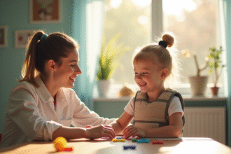 Jeune enfant avec thérapeute en salle lumineuse