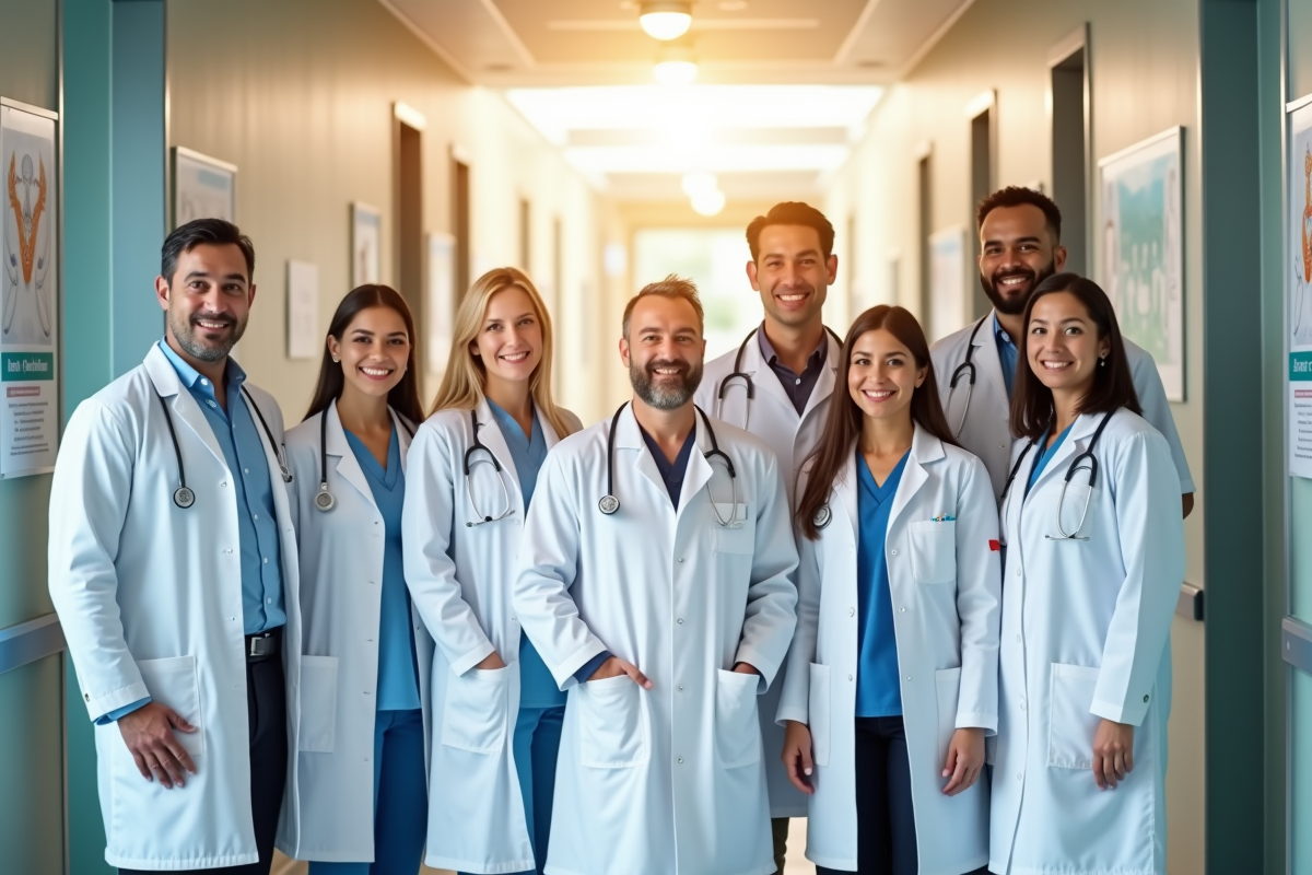 Groupe de medecins souriants dans un couloir en clinique ensoleille