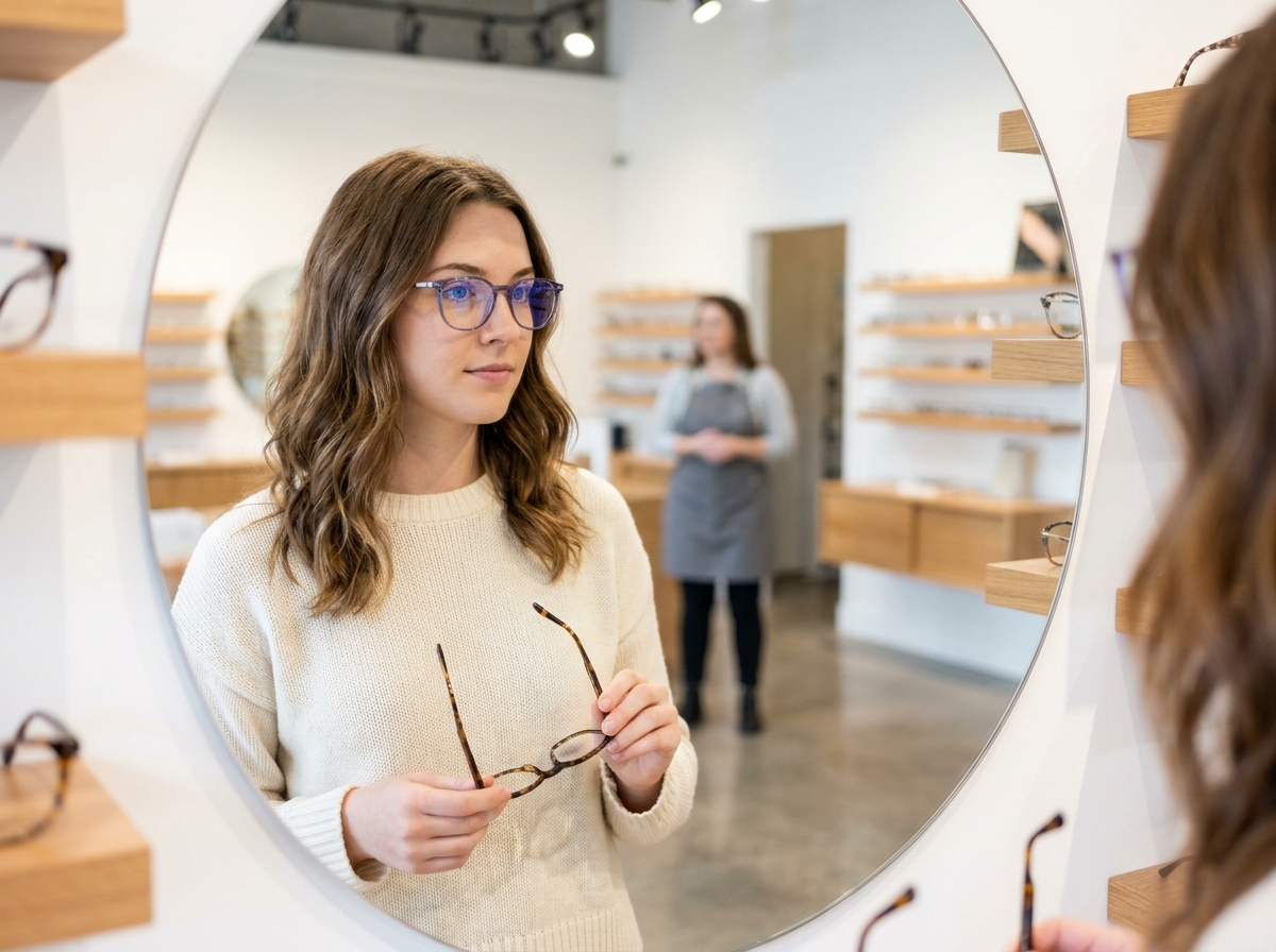 Jeune femme essayant des lunettes anti-lumière bleue devant un miroir dans une boutique d'optique contemporaine