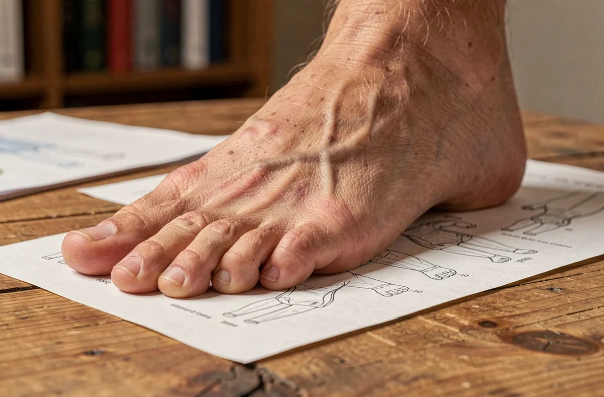 Étude anatomique de la morphologie des orteils d'un pied adulte posé sur bois