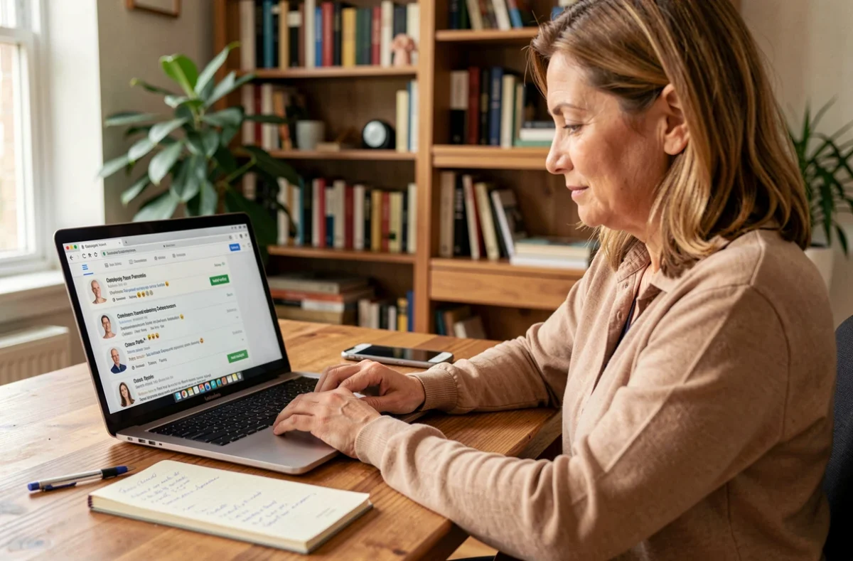 Femme évaluant des ostéopathes en ligne avant de prendre rendez-vous, consultant avis et profils professionnels sur ordinateur
