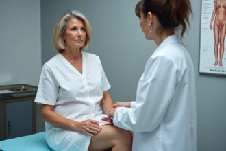 Médecin examinant la zone inguinale d'une patiente lors d'une consultation médicale pour une boule à l'aine