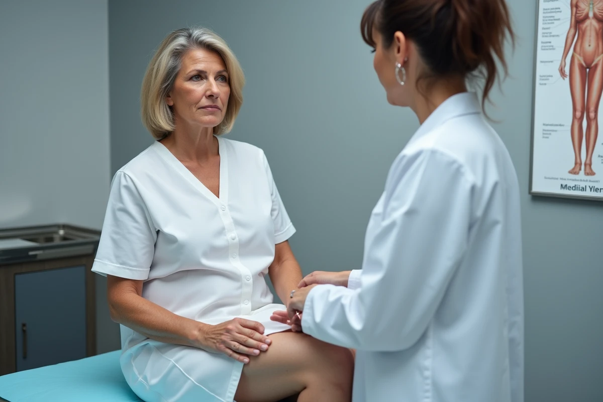 Médecin examinant la zone inguinale d'une patiente lors d'une consultation médicale pour une boule à l'aine