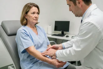 Médecin examinant le bras d'une patiente pour des fourmillements lors d'une consultation médicale
