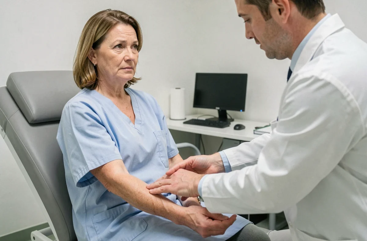 Médecin examinant le bras d'une patiente pour des fourmillements lors d'une consultation médicale