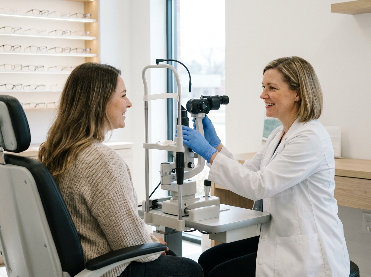 Opticienne réalisant un examen de vue approfondi sur une patiente dans un cabinet optique moderne