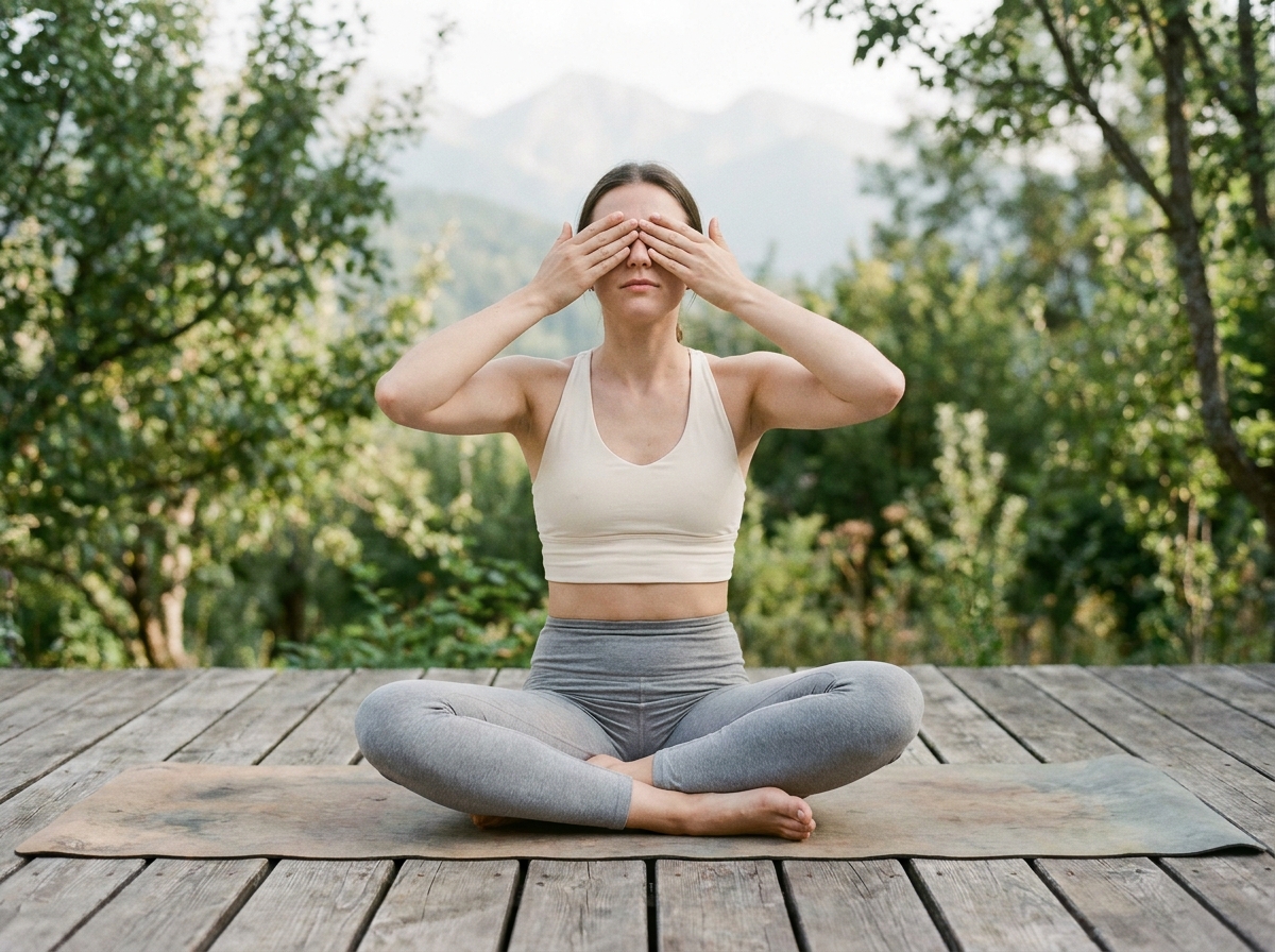 Jeune femme pratiquant l'exercice de palming pour reposer ses yeux sur une terrasse entourée de verdure
