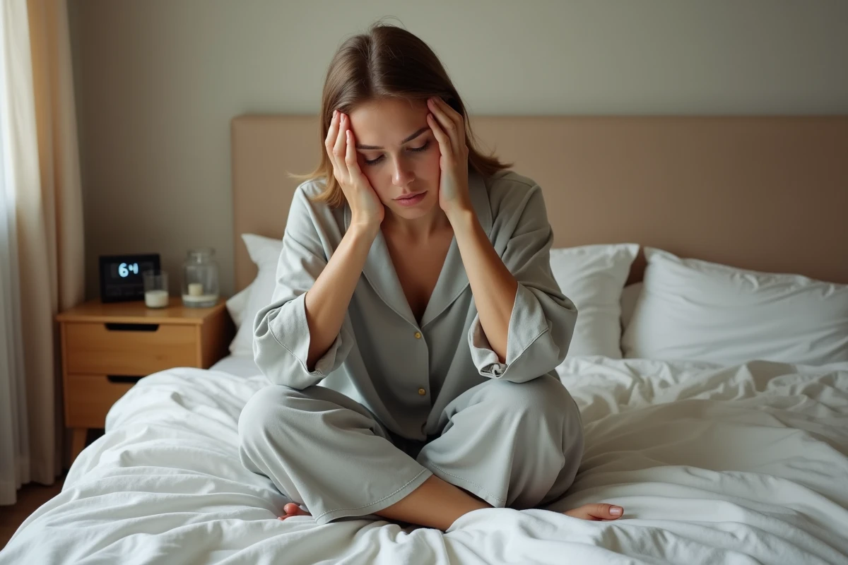 Femme fatiguée assise au bord du lit le matin, symptôme de réveil nocturne répété et de fatigue chronique au réveil