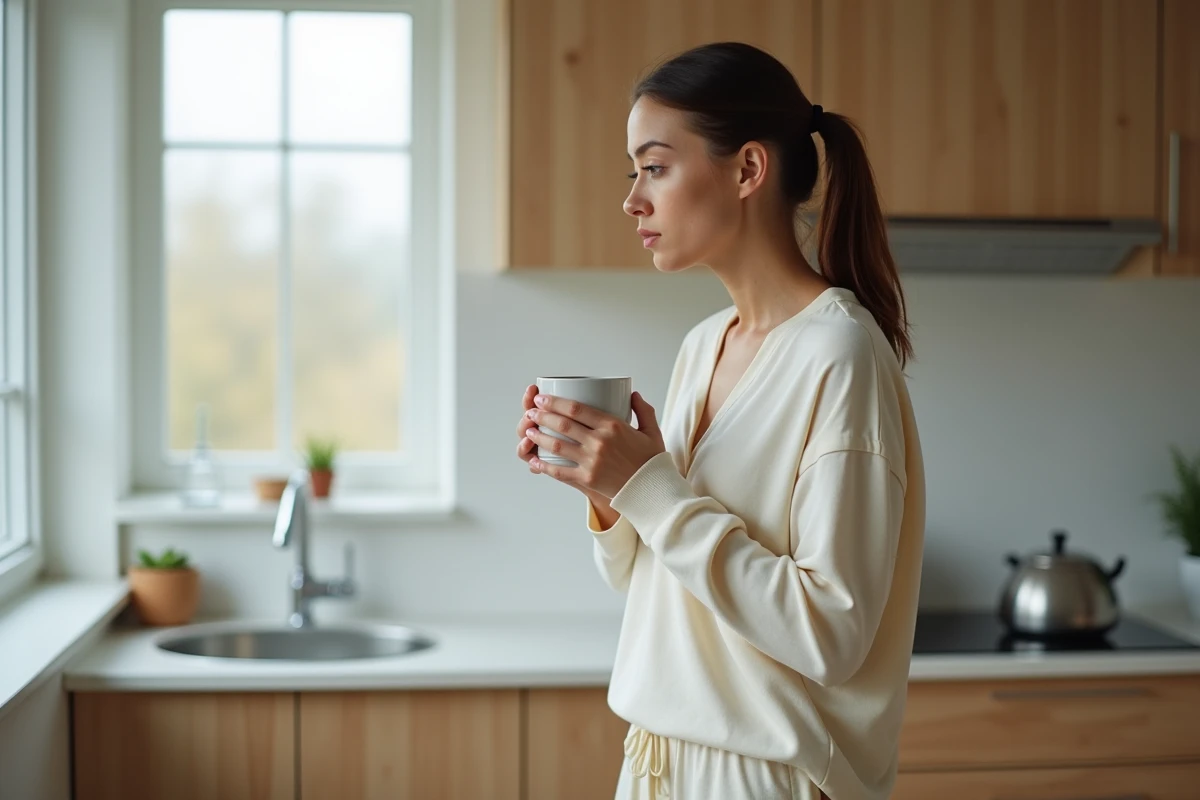 Jeune femme épuisée tenant un café le matin en pyjama, conséquence de réveils nocturnes fréquents et de fatigue chronique