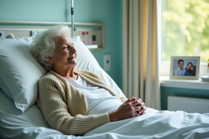 Femme âgée en chambre d'hôpital reposant paisiblement