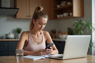 Femme en tenue de sport compare son application santé