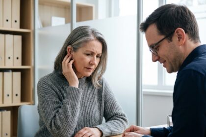 Femme d'âge moyen ajustant son appareil auditif dans un cabinet moderne