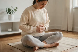 Femme en position assise pratiquant un auto-massage abdominal pour soulager les douleurs de règles et les tensions pelviennes
