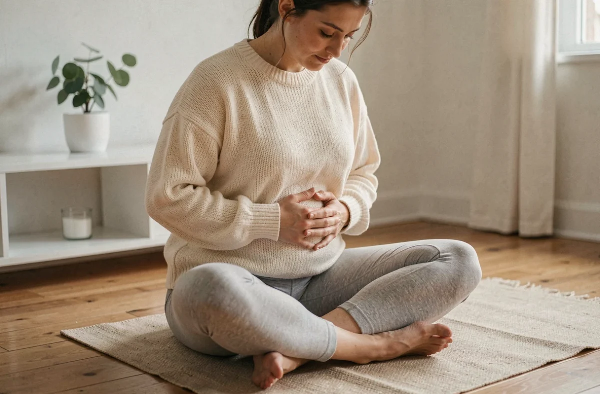 Femme en position assise pratiquant un auto-massage abdominal pour soulager les douleurs de règles et les tensions pelviennes