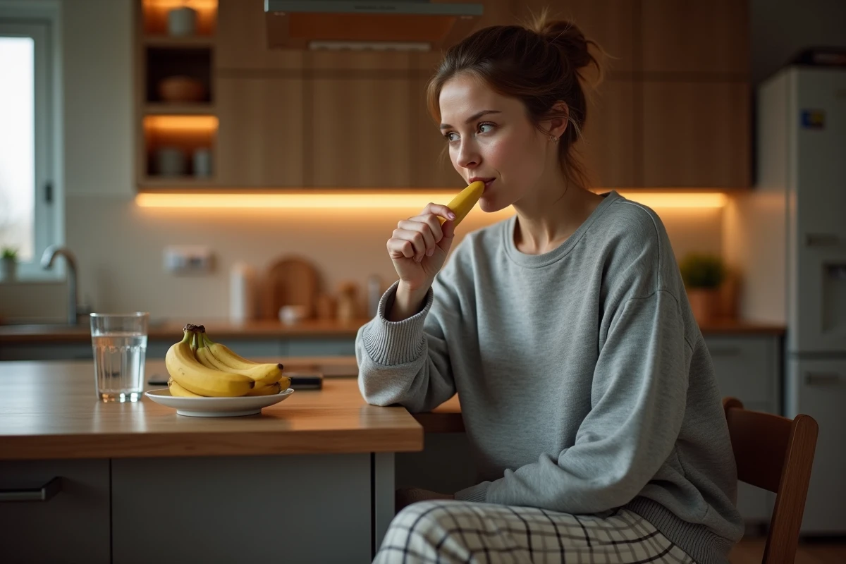 Femme mangeant une banane le soir dans sa cuisine avant de dormir