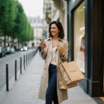 Femme élégante en trench beige devant boutique luxembourg