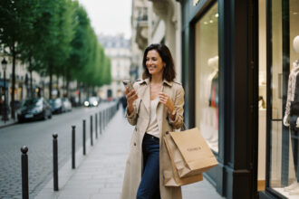 Femme élégante en trench beige devant boutique luxembourg