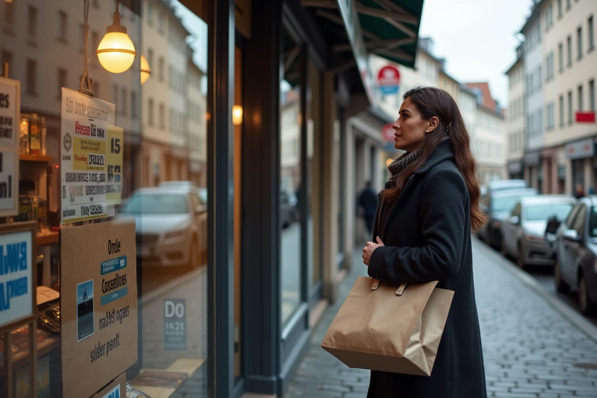 Femme devant un bureau de tabac au Luxembourg regardant les prix affichés des paquets de cigarettes