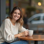 Femme souriante dans un café avec tasse en main