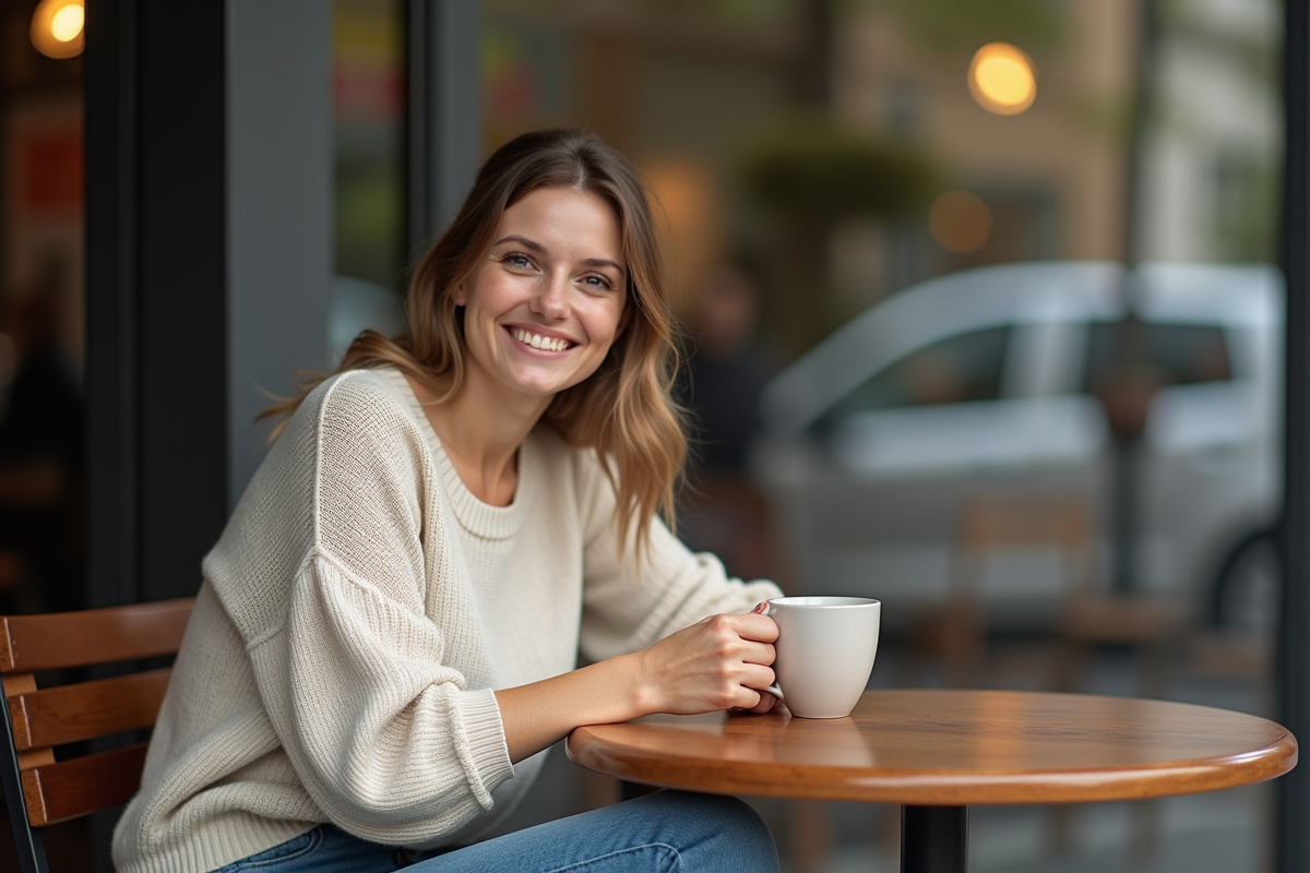 Femme souriante dans un café avec tasse en main