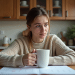 Femme pensant devant un calendrier dans la cuisine
