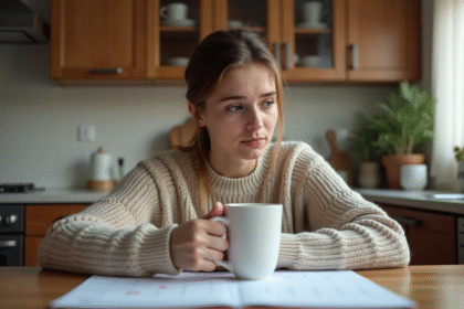 Femme pensant devant un calendrier dans la cuisine