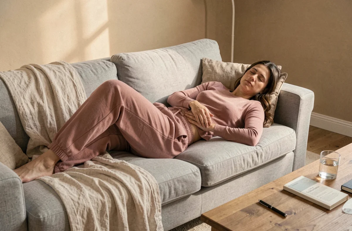 Femme allongée sur un canapé à la maison, la main sur l'abdomen, exprimant un inconfort intime et de la fatigue au quotidien