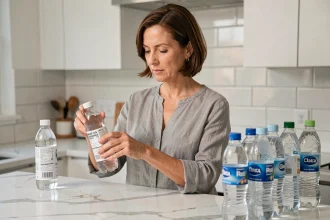 Femme lisant l'étiquette d'une bouteille d'eau minérale dans une cuisine moderne pour choisir la meilleure eau pour les reins
