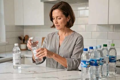 Femme lisant l'étiquette d'une bouteille d'eau minérale dans une cuisine moderne pour choisir la meilleure eau pour les reins