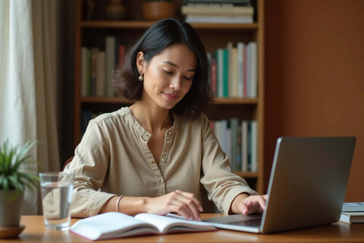 Femme consultant un blog minceur sur ordinateur portable avec un journal nutritionnel ouvert sur son bureau