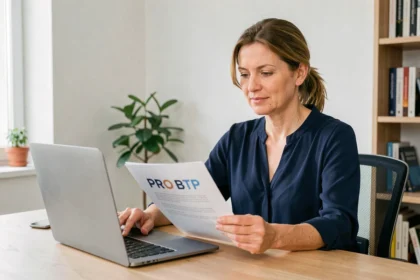 Femme consultant son compte PRO BTP mutuelle en ligne depuis un bureau à domicile