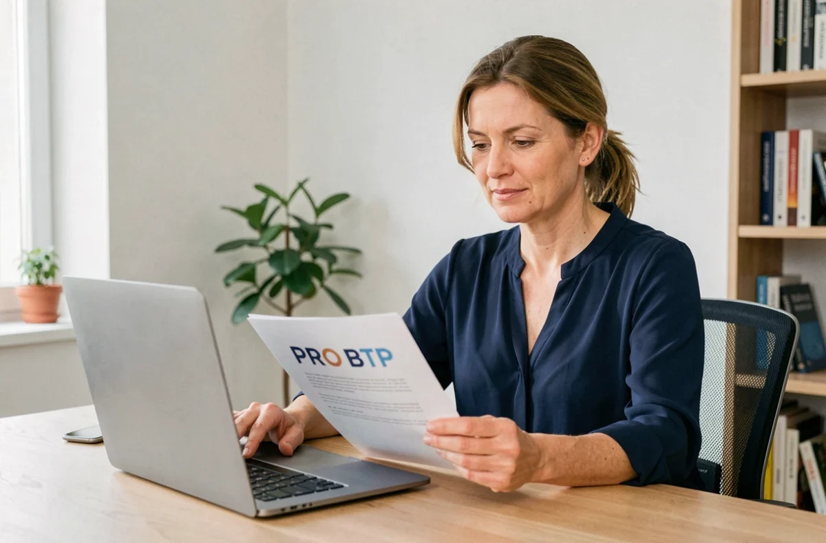 Femme consultant son compte PRO BTP mutuelle en ligne depuis un bureau à domicile