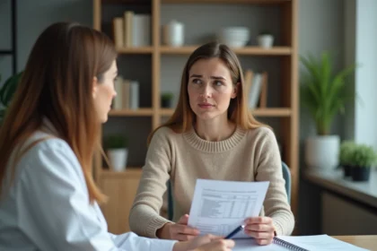 Femme consultant son médecin après des résultats d'analyse sanguine montrant une GGT élevée