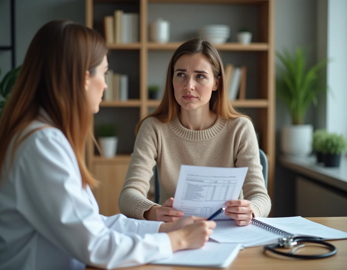 Femme consultant son médecin après des résultats d'analyse sanguine montrant une GGT élevée