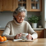 Femme en pull en laine buvant une tisane dans sa cuisine chaleureuse